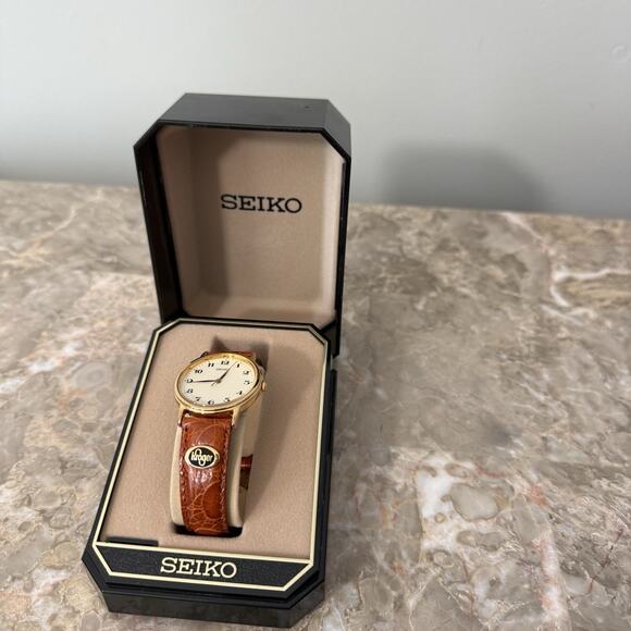 VTG Seiko Women Gold Tone Flat Round Watch Kroger Emblem Calf Leather JAPAN New - Picture 8 of 10